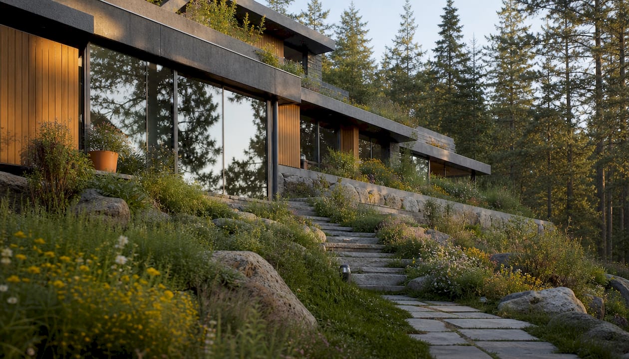 Building integrated with natural hillside topography