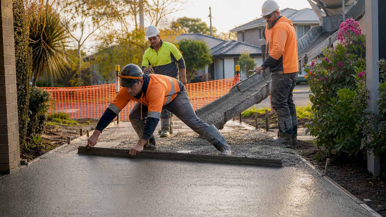 Construction workers pouring residential concrete slab