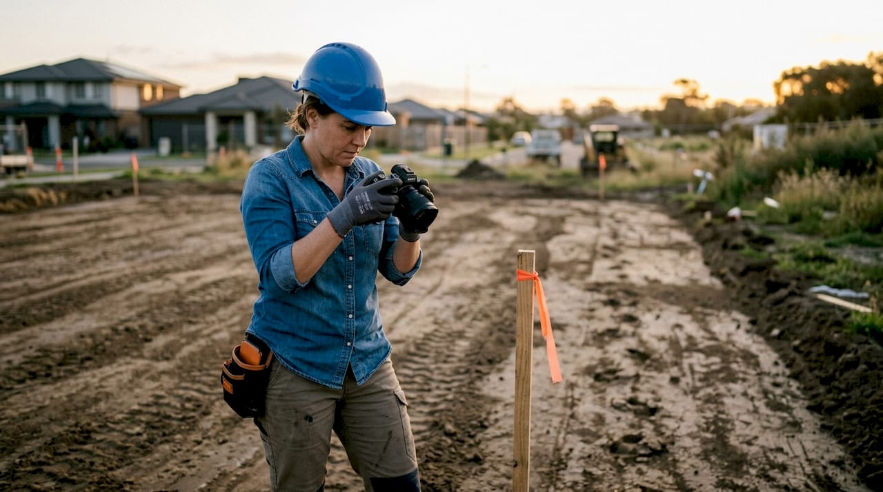 Worker photographing prepared subgrade soil