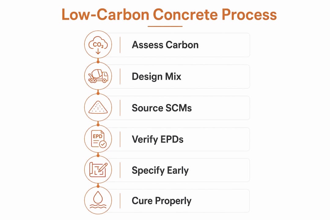 Infographic outlining steps for low-carbon concrete use