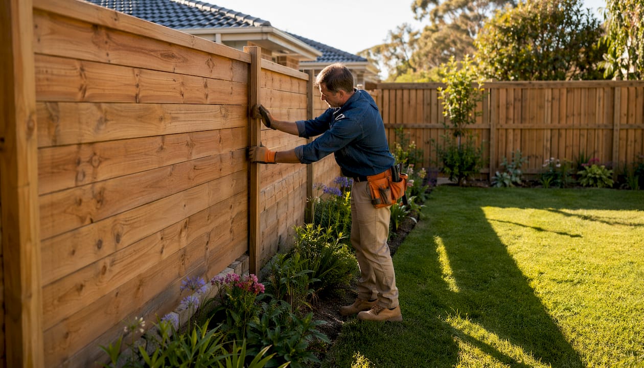 Carpenter installing wooden fence panel outdoors