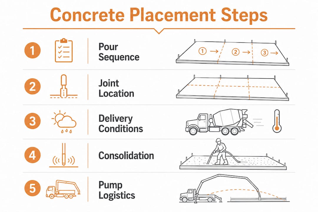 Infographic showing key steps of concrete placement plan