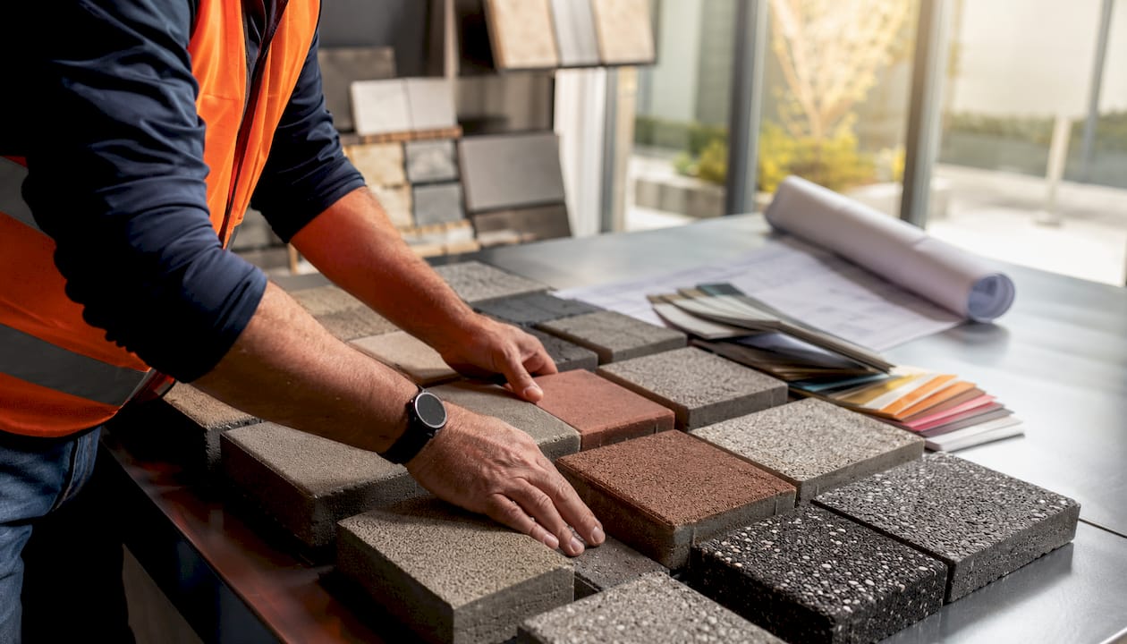 Hands selecting modern concrete paving samples