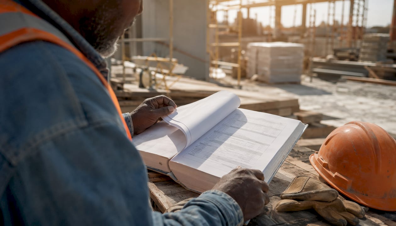 Hands holding concrete specifications manual on site desk
