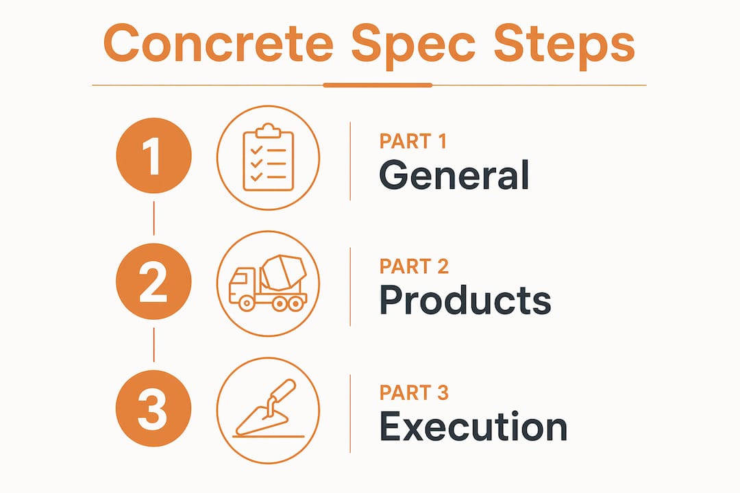 Infographic illustrating the three-part structure of concrete specifications