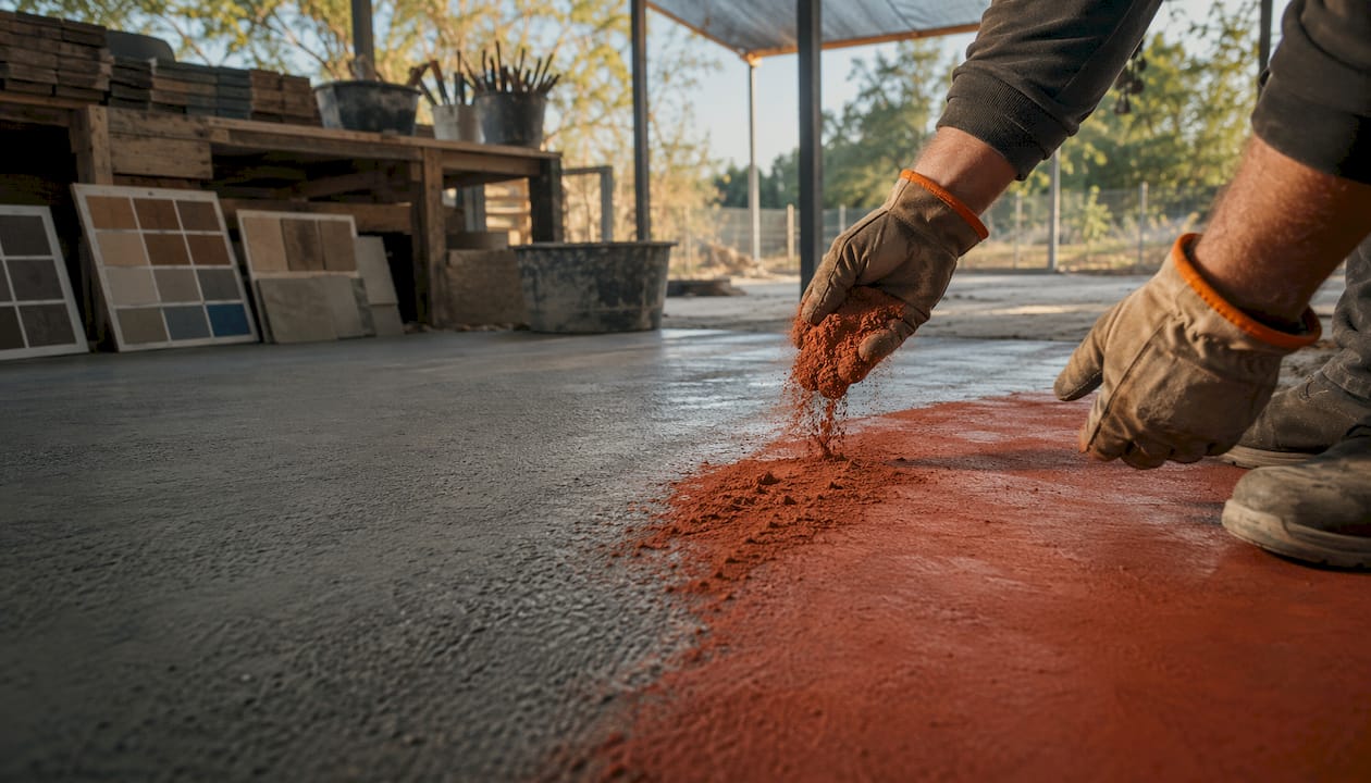 Hands applying color hardener to concrete slab