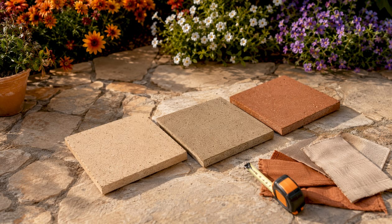 Earth tone concrete color samples flat lay