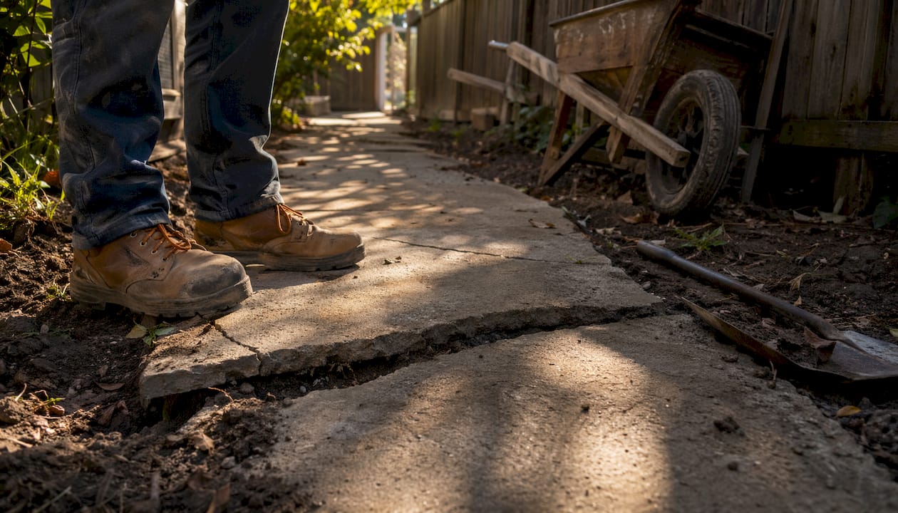 Uneven cracked concrete footpath with soil settlement