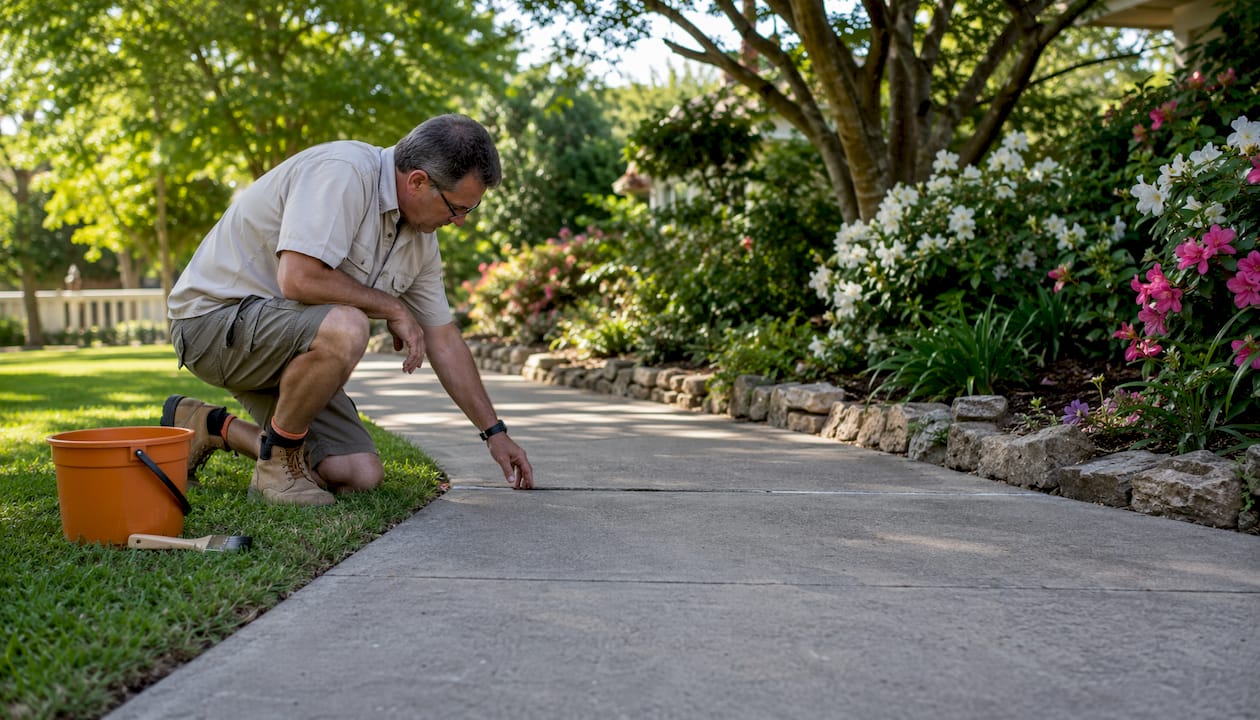 Homeowner inspecting footpath expansion joint