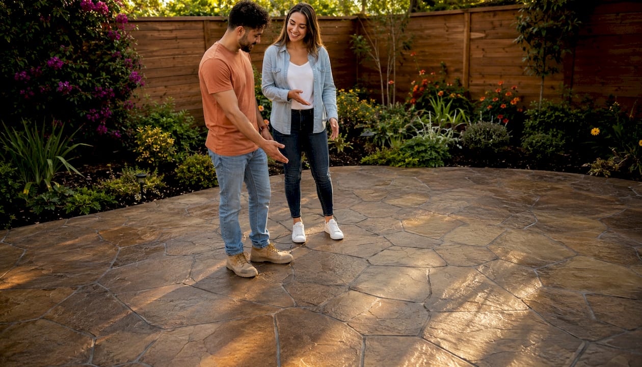 Couple admiring stamped concrete patio outdoors