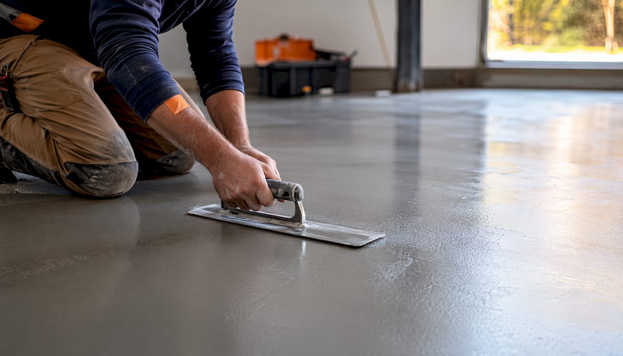 Close-up worker applying trowel finish to concrete floor