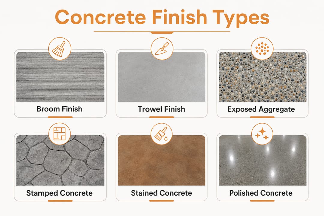 Infographic illustrating types of residential concrete finishes