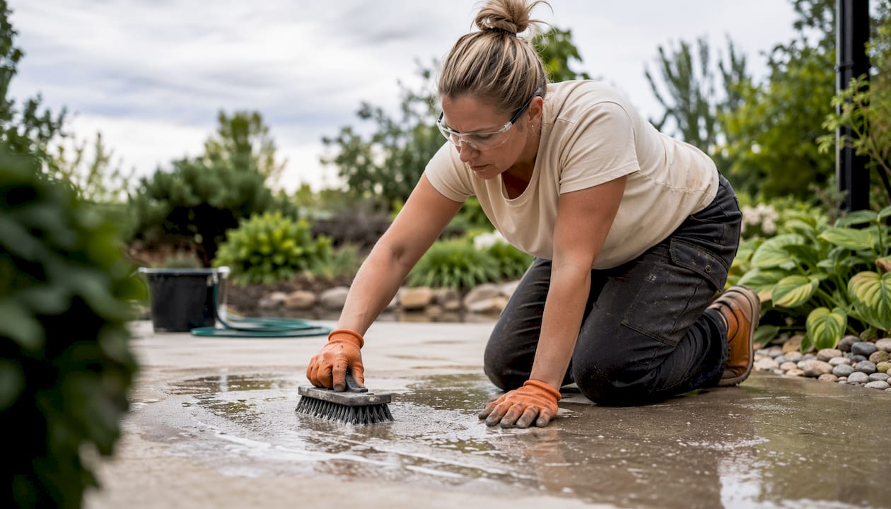 Woman cleaning concrete patio for sealing