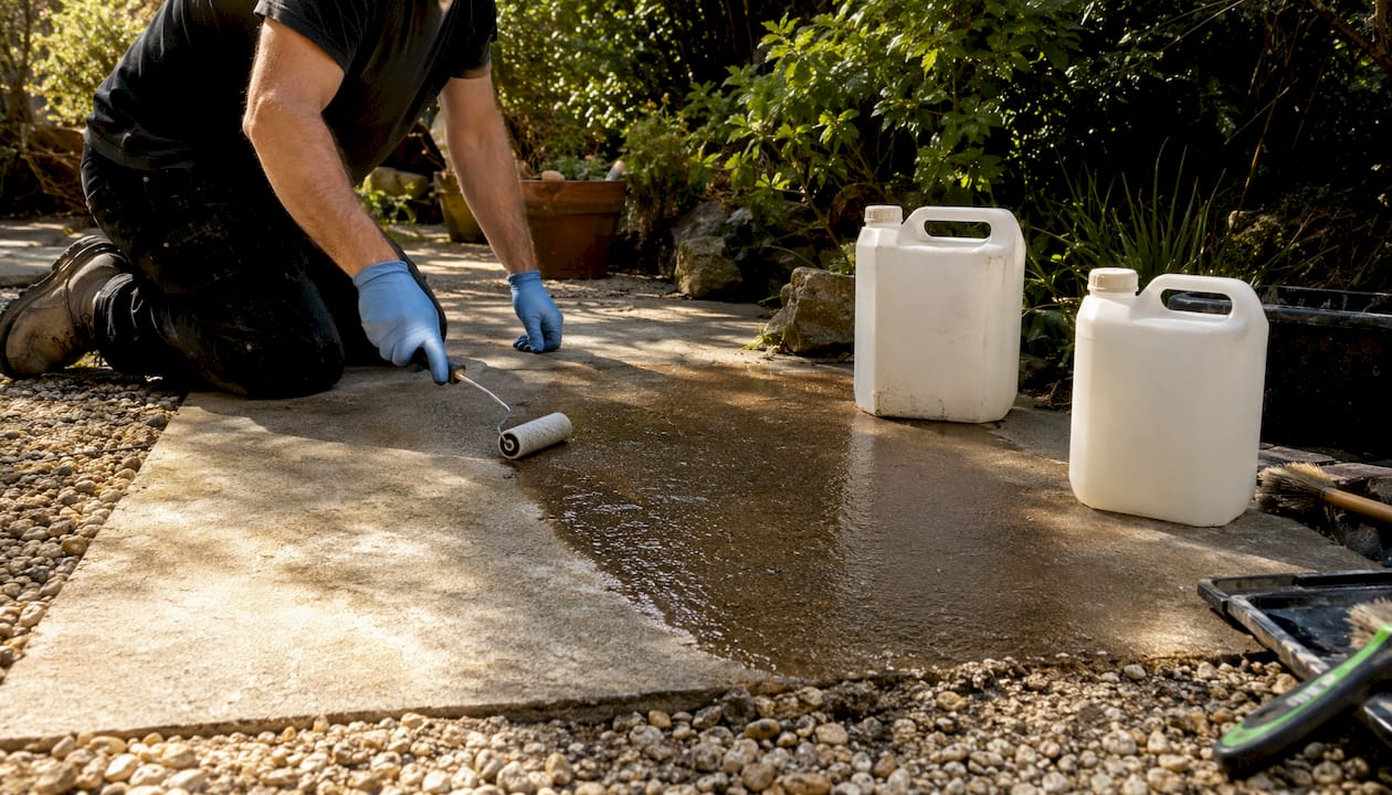 Hands applying different concrete sealers
