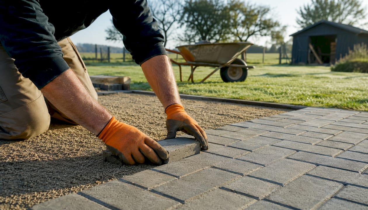 Hands laying concrete paving pattern