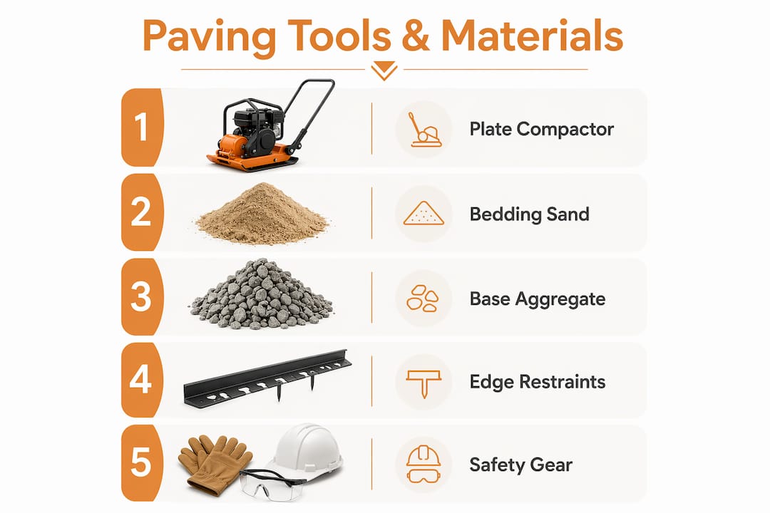 Infographic showing paving tools and materials