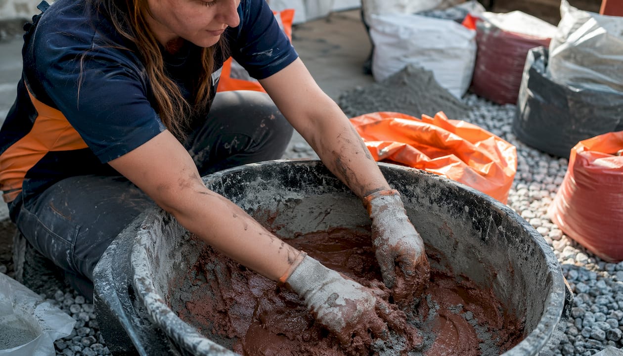 Close-up of hands adding pigment to concrete mixer