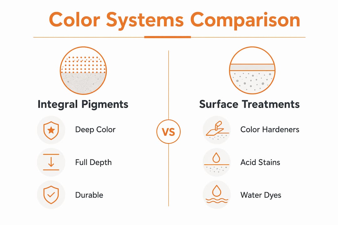 Infographic comparing integral pigments and surface treatments
