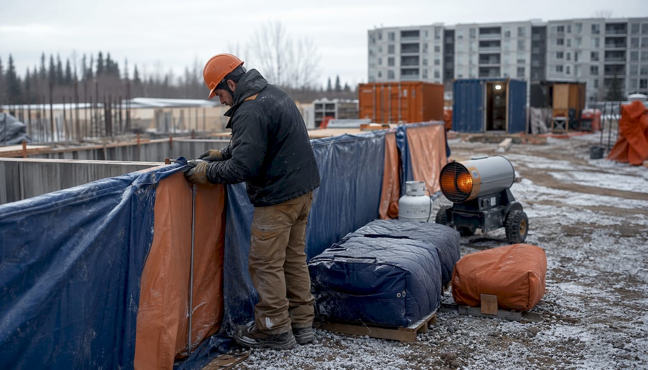 Worker preparing concrete pour site in cold conditions
