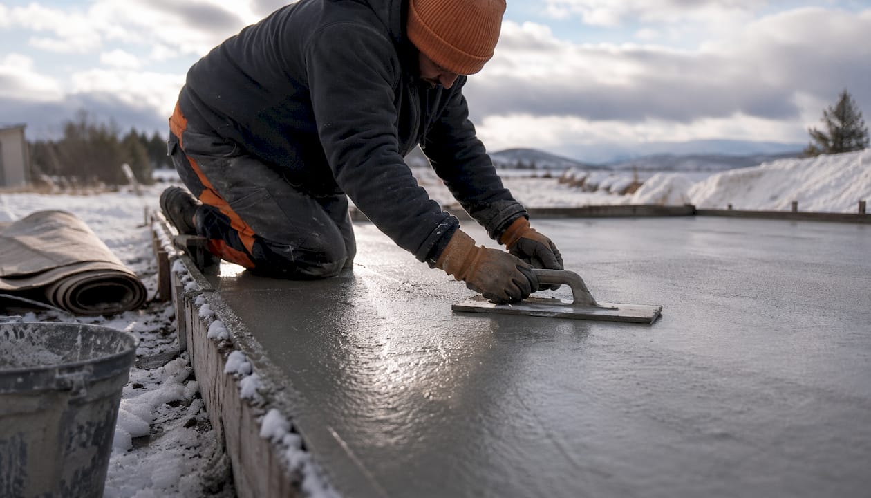 Hands finishing concrete surface in cold weather