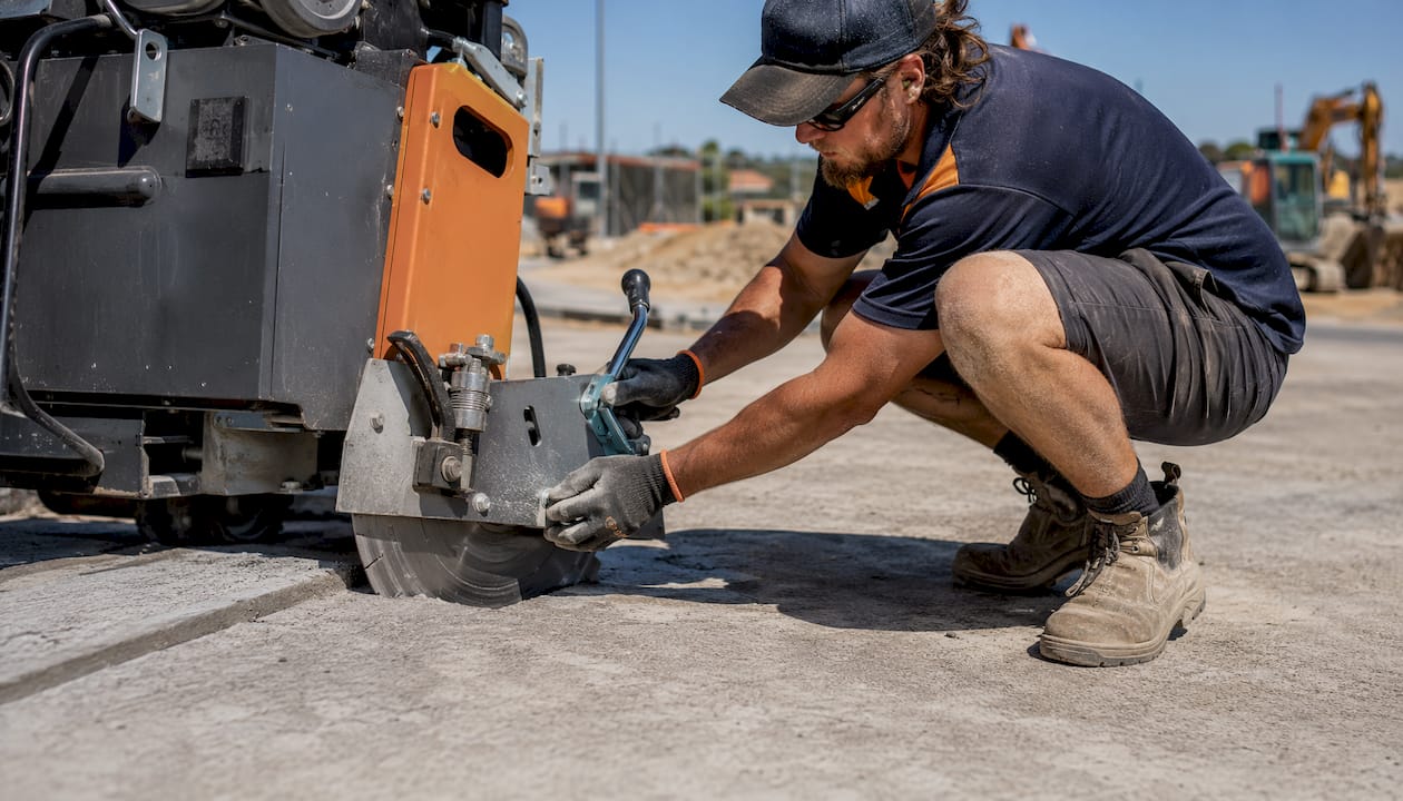 Hands adjusting concrete saw depth