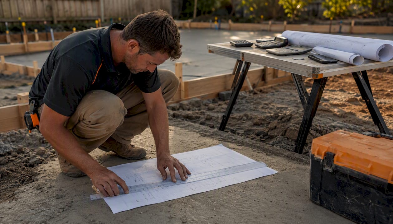 Builder marking slab fall on blueprint with ruler