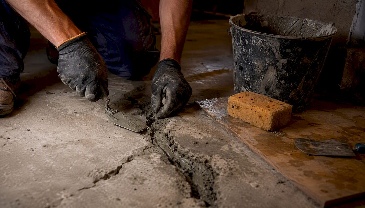 Hands patching concrete crack with mortar