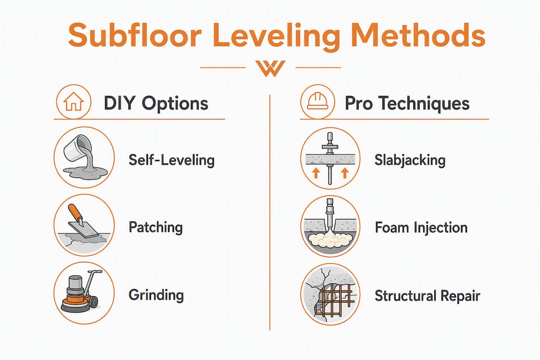 Infographic comparing DIY and pro subfloor leveling methods