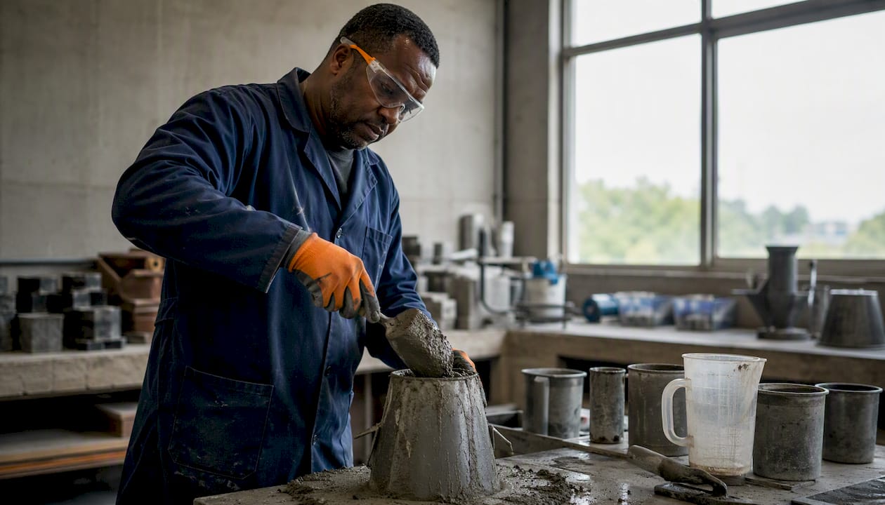 Lab technician testing concrete sample