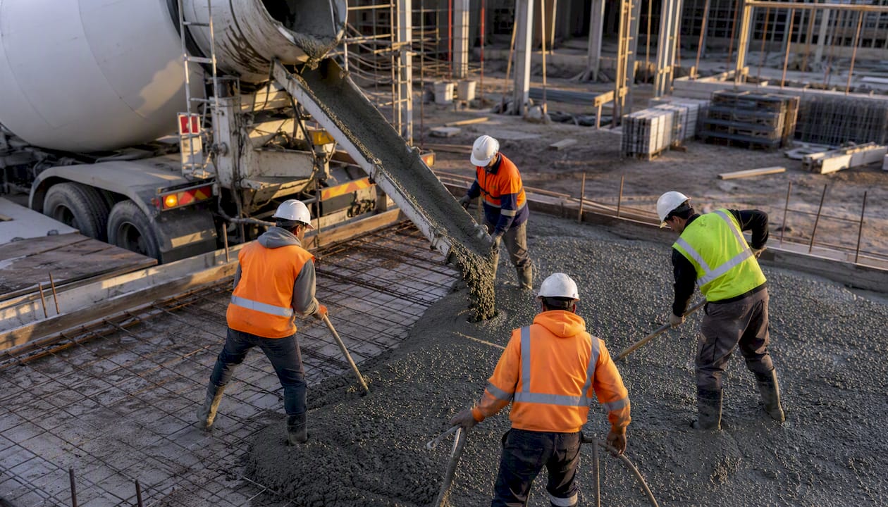 Workers pouring ready-mix concrete at site