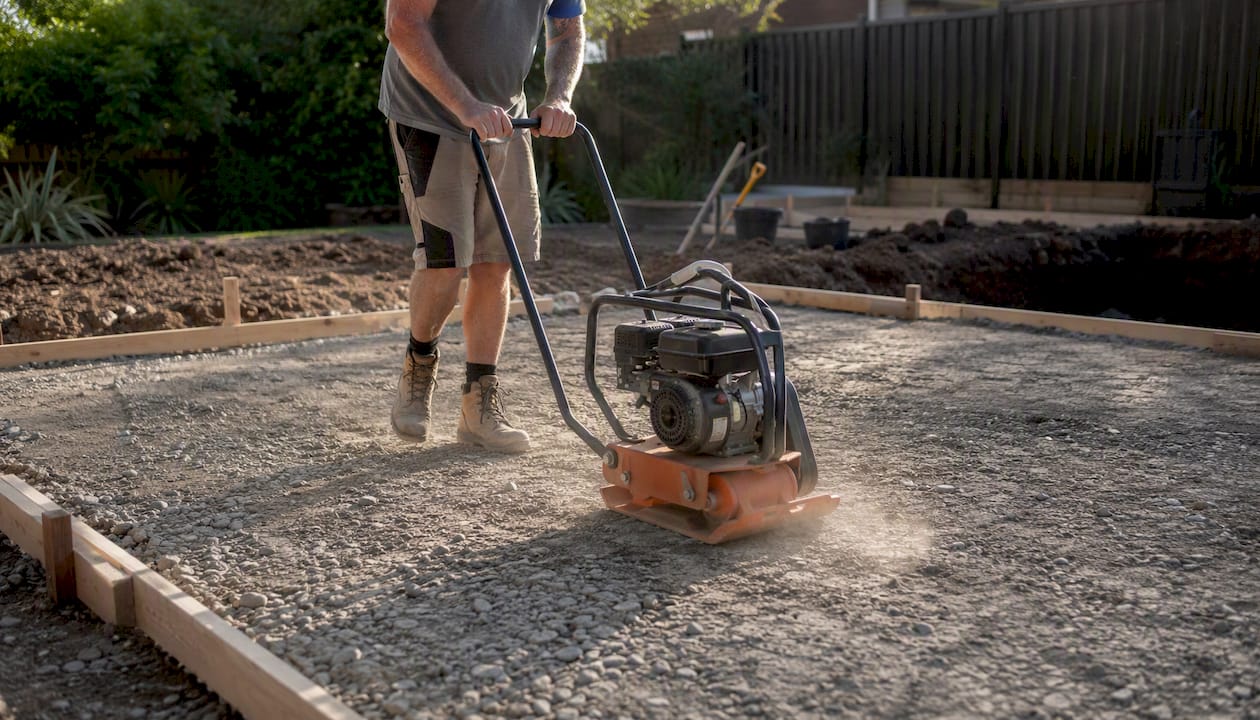 Compacted crushed rock subbase under concrete slab
