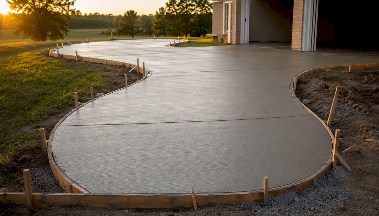 Curved poured concrete driveway with wooden formwork