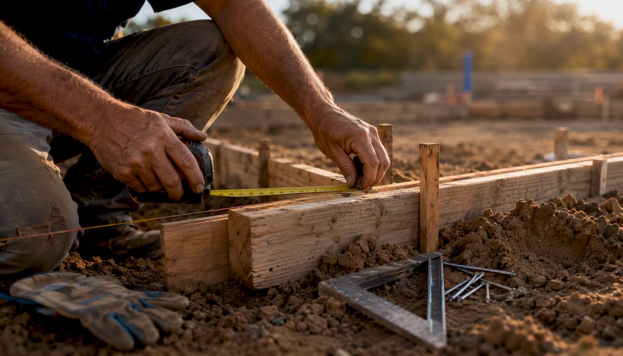 Hands measuring slab formwork at construction site