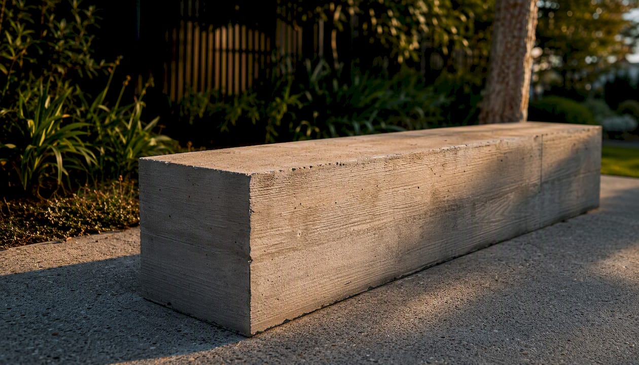 Board-formed concrete bench surface close-up