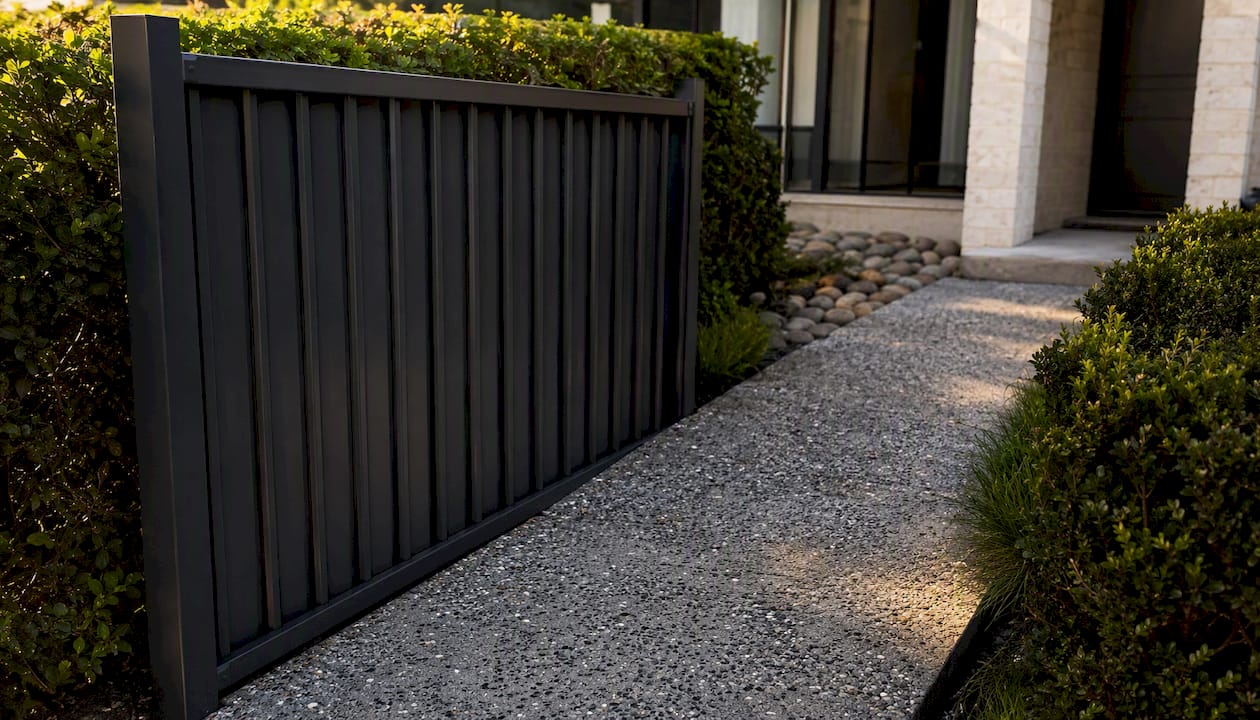 Steel fence beside paved concrete path