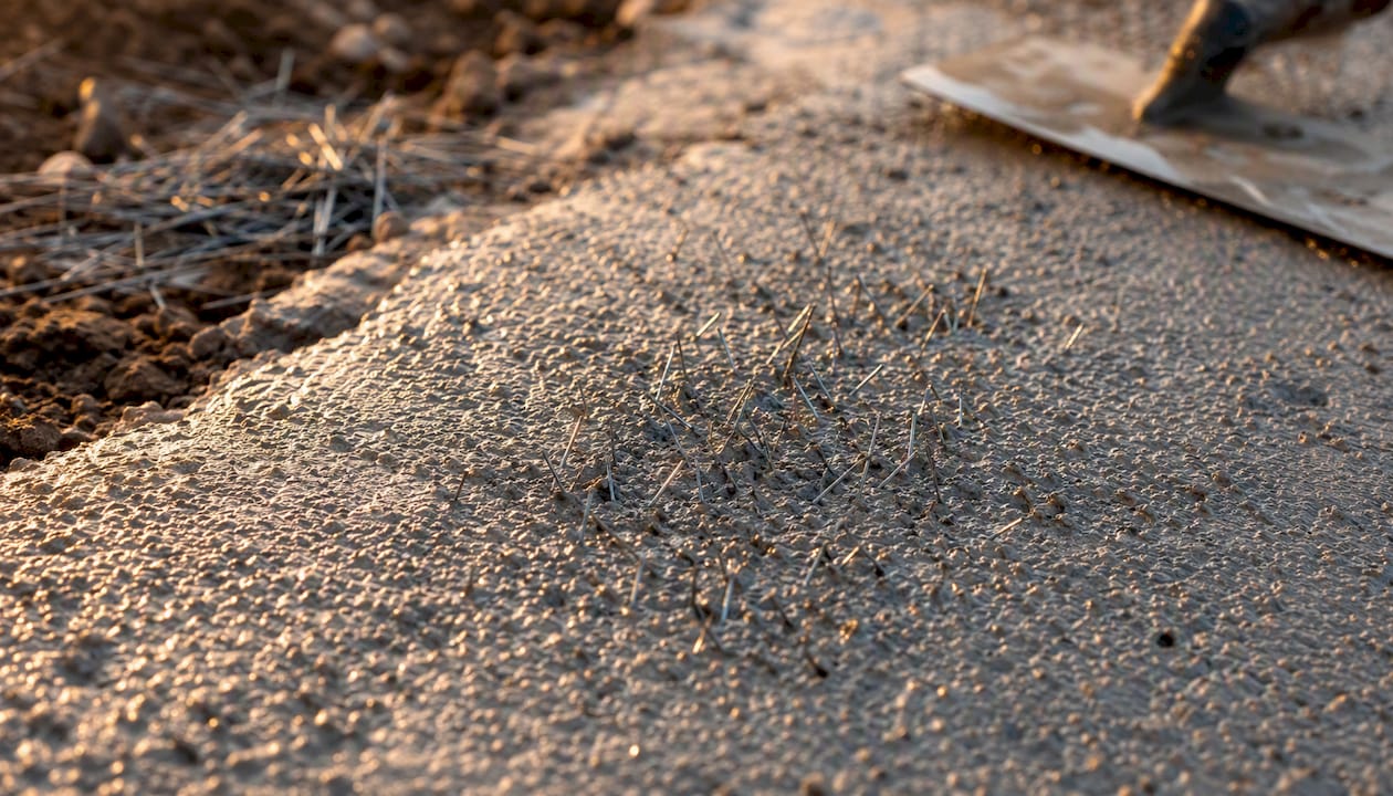 Steel fibers embedded in fresh concrete close-up