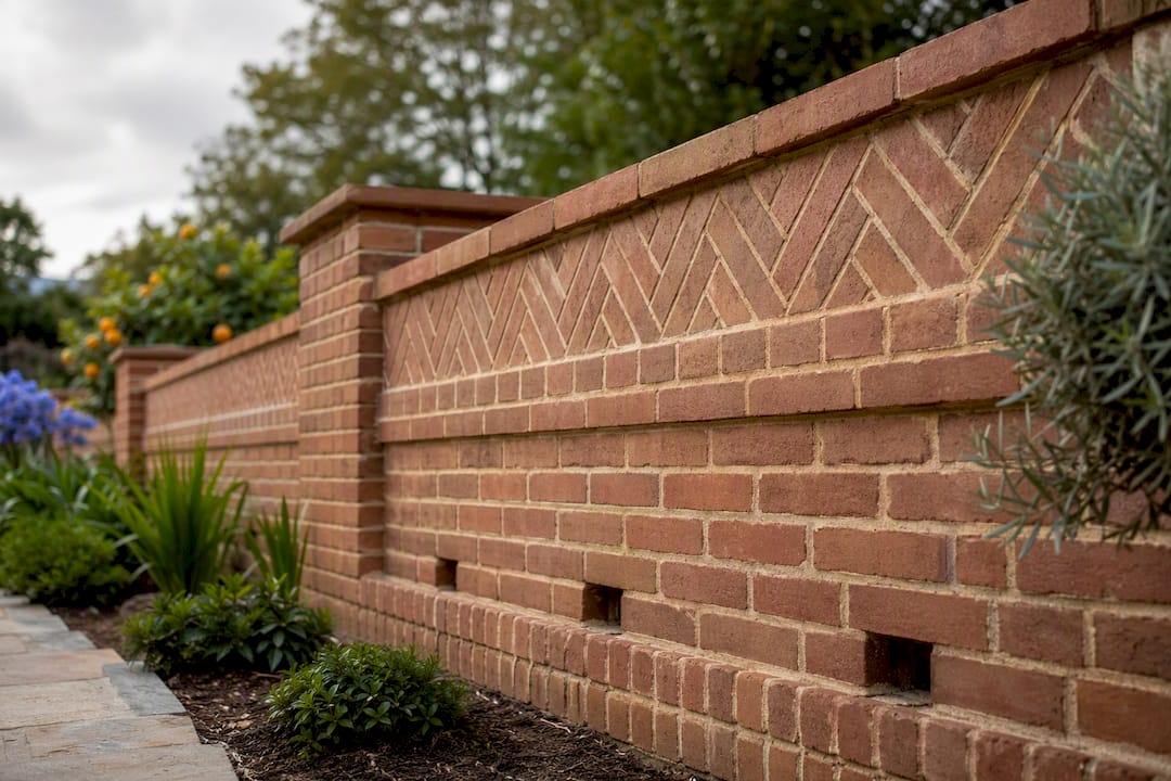 Decorative brick garden wall with mortar joints and weep holes