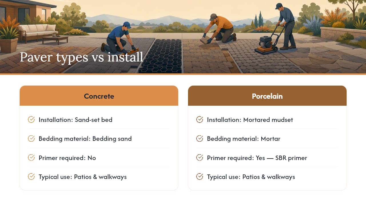 Comparison diagram of concrete pavers and porcelain pavers
