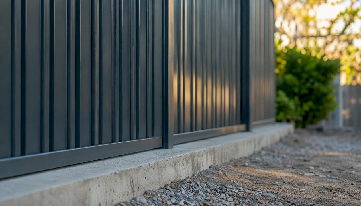 Close-up of Colorbond panels and concrete footings