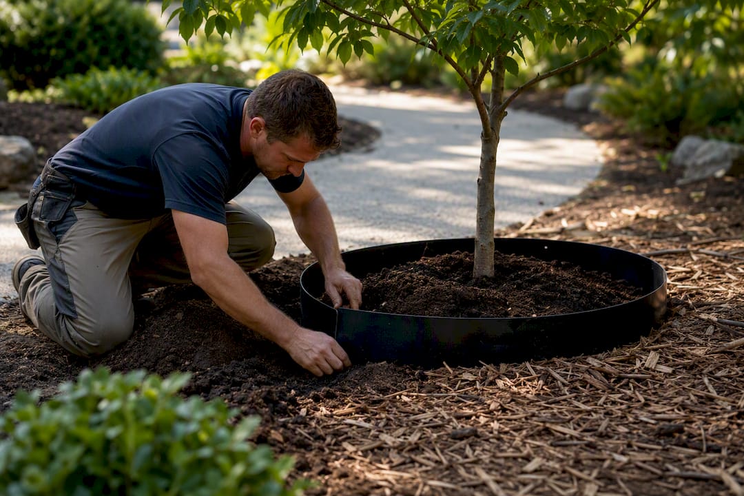 Installing root barrier near new tree by driveway