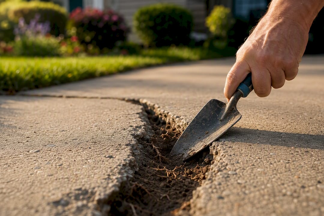 Trowel probing driveway crack revealing soil disturbance
