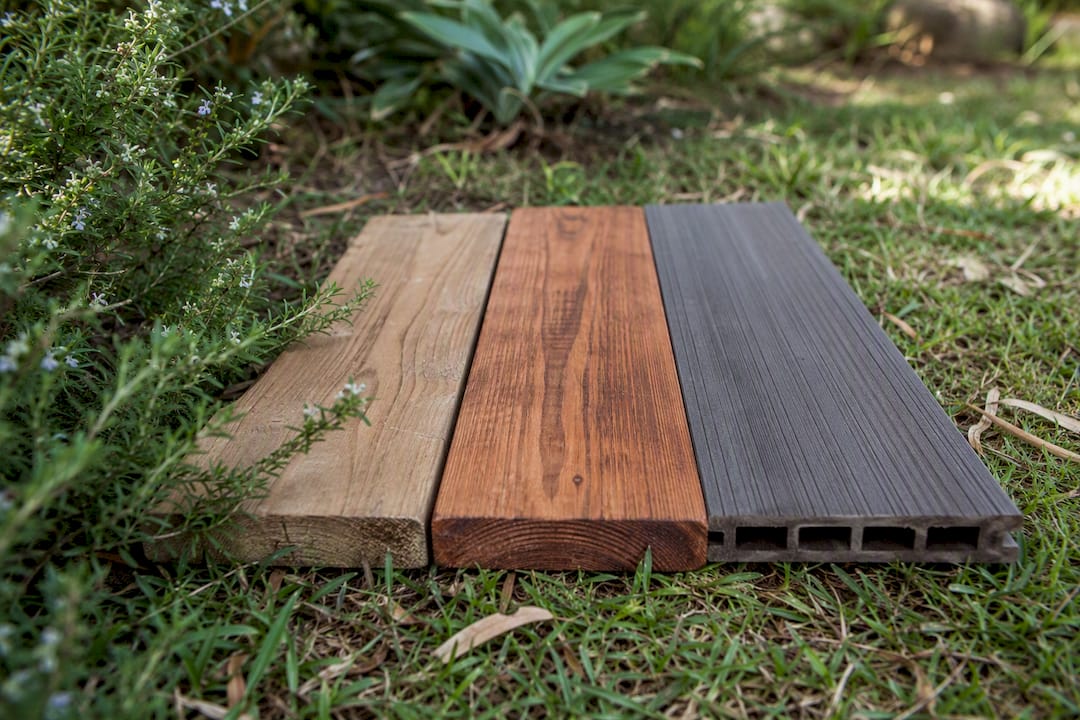 Close-up of various timber decking material samples