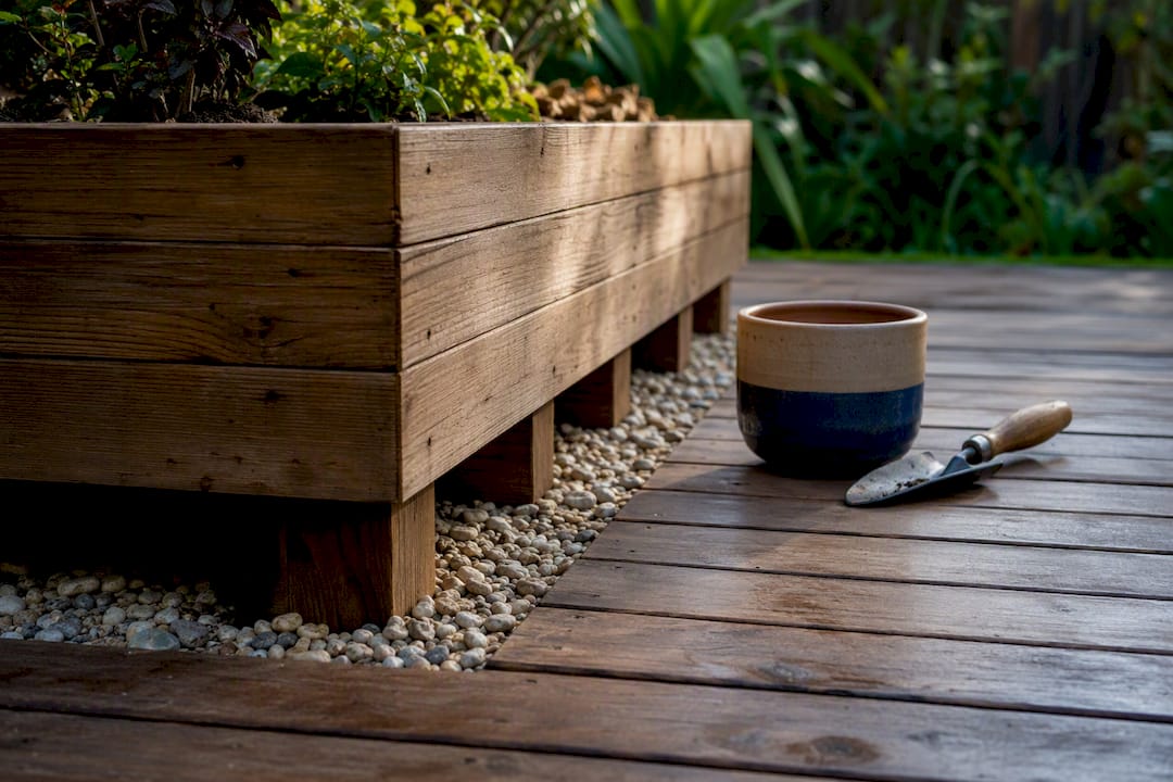 Raised deck planter showing drainage gap