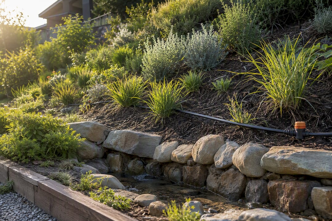 Native plants and check dam stabilising slope