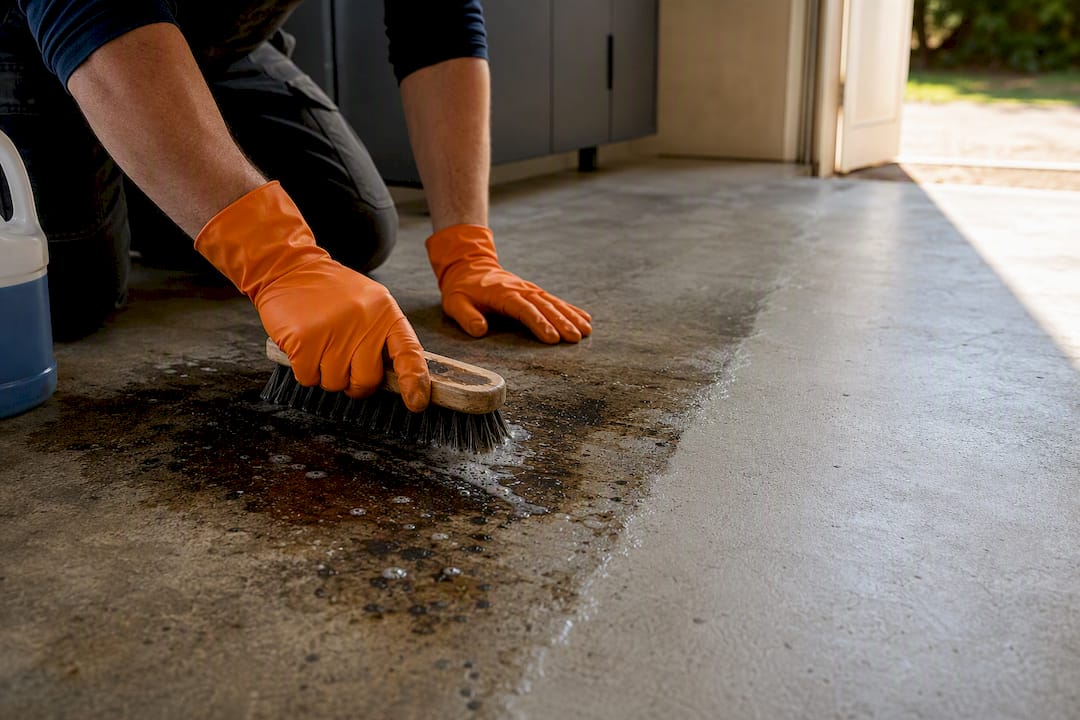 Scrubbing oil stains from concrete floor