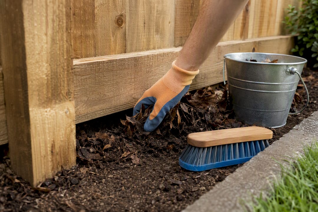 Clearing mulch from timber fence clearance