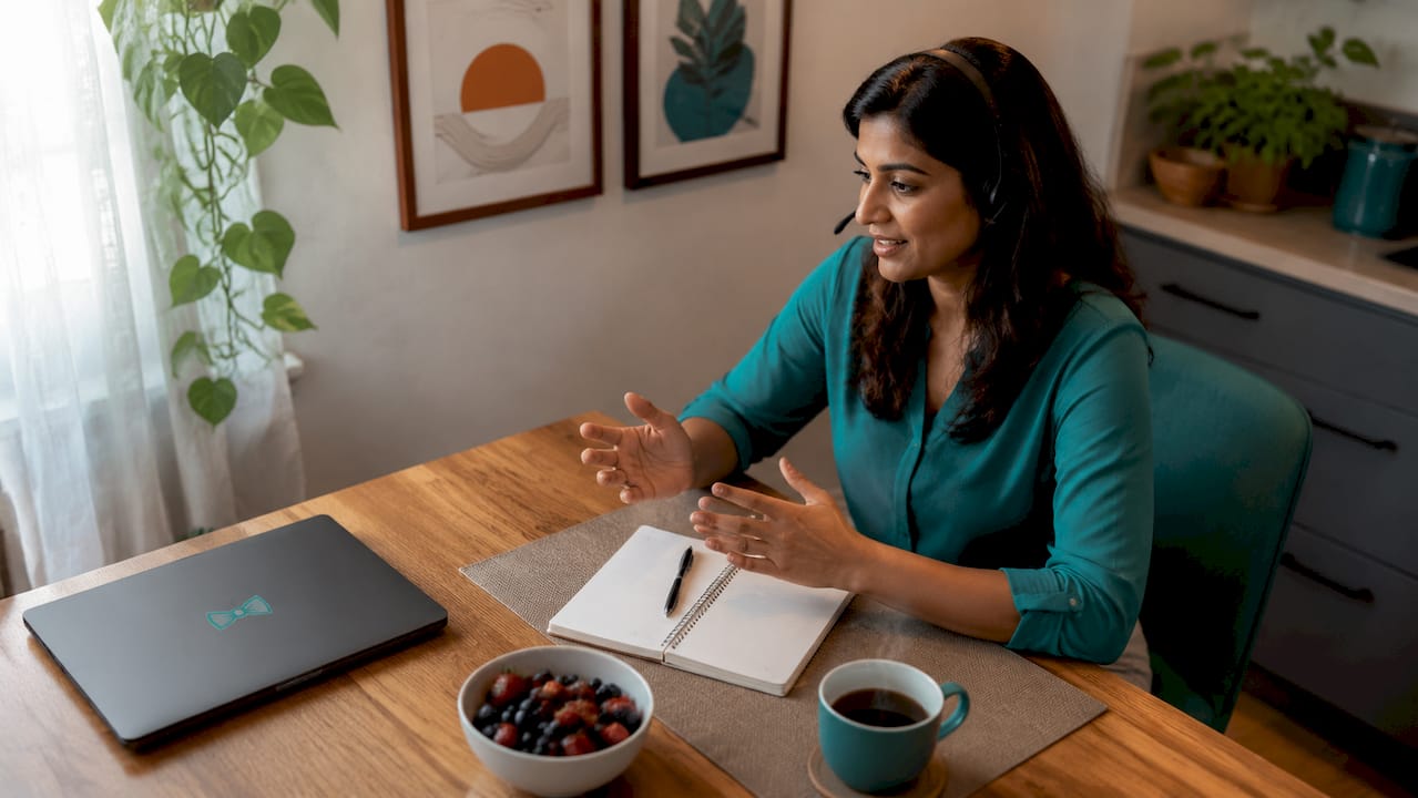 Woman communicating with remote team