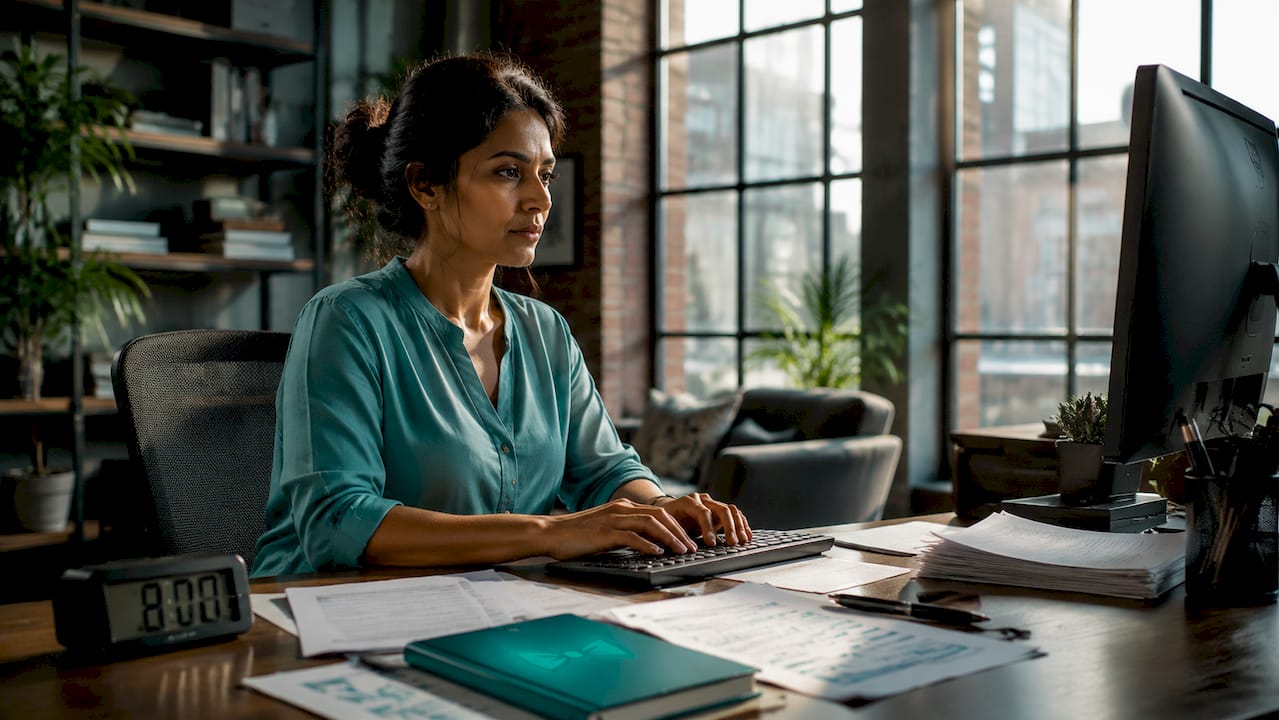 Woman typing invoice data at home desk