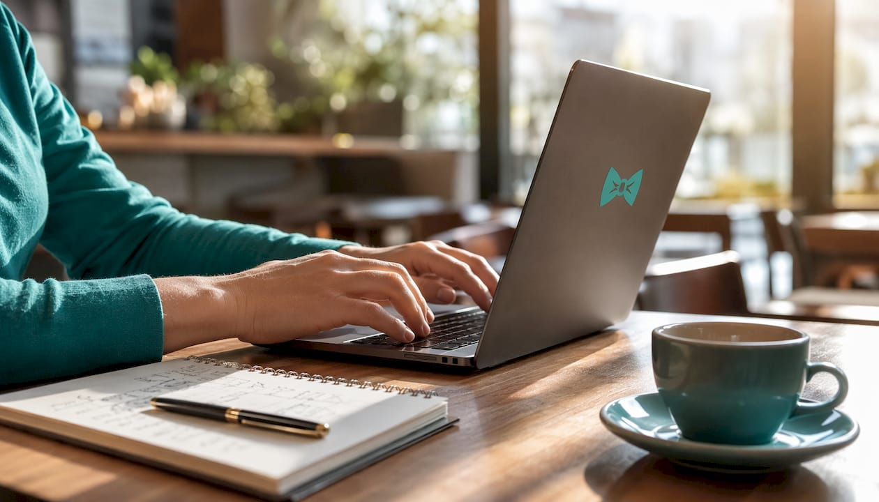 Hands typing on laptop in home office