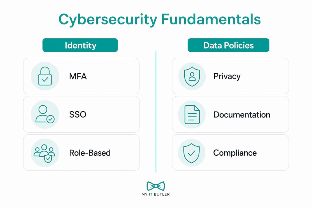 Infographic showing cybersecurity fundamentals split categories